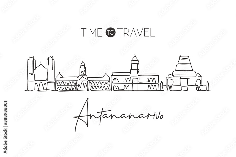 One single line drawing Antananarivo city skyline, Madagascar. Historical place landscape postcard. Best holiday destination wall decor poster. Trendy continuous line draw design vector illustration