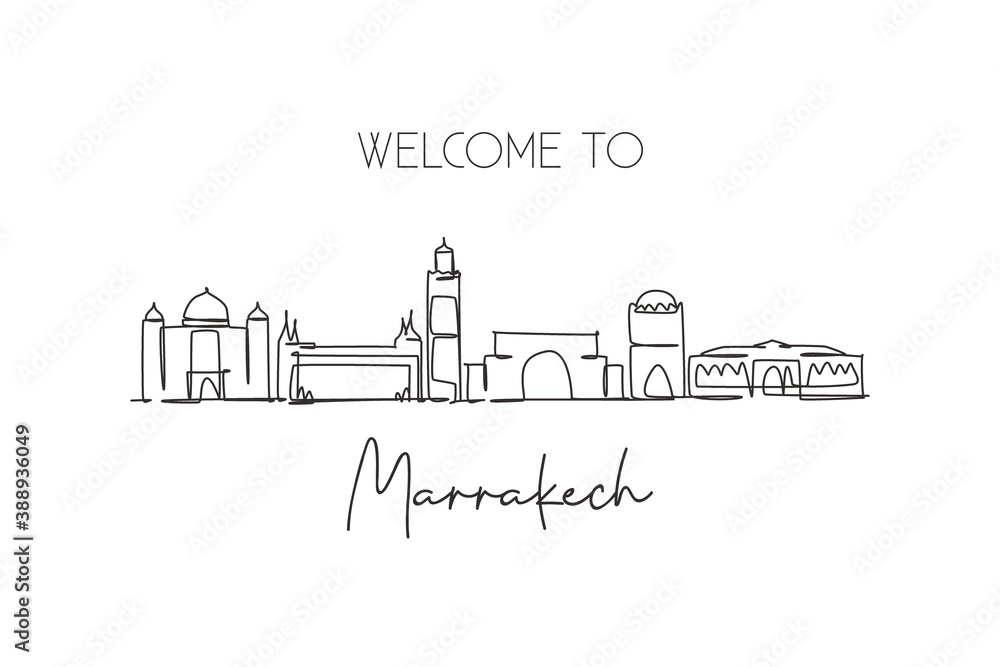 Single continuous line drawing of Marrakech city skyline, Morocco. Famous city scraper and landscape home wall decor poster print. World travel concept. Modern one line draw design vector illustration
