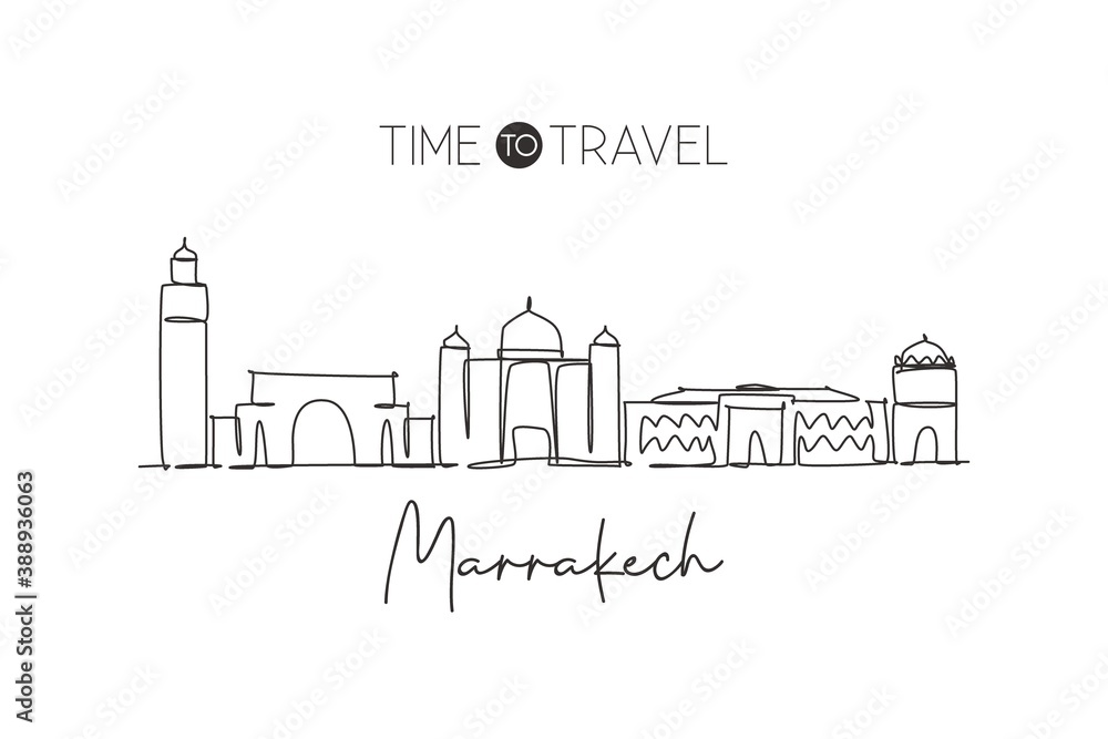 One single line drawing of Marrakesh city skyline, Morocco. Historical town landscape in the world. Best holiday destination. Editable stroke trendy continuous line draw design vector art illustration