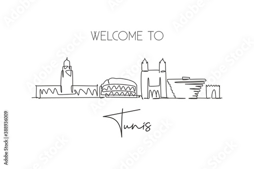 Single continuous line drawing of Tunis city skyline, Tunisia. Famous city scraper and landscape home wall decor print poster art. World travel concept. Modern one line draw design vector illustration