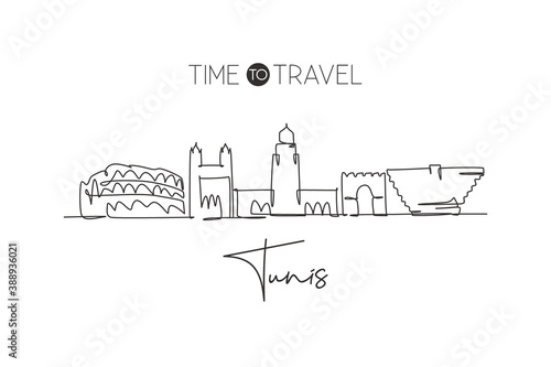 One single line drawing Tunis city skyline, Tunisia. Historical town landscape in world postcard. Best holiday destination. Editable stroke trendy continuous line draw design vector art illustration