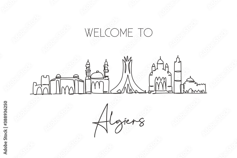 One continuous line drawing of Algiers city skyline, Algeria. Beautiful landmark postcard. World landscape tourism travel vacation. Editable stylish stroke single line draw design vector illustration