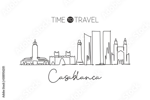 Single continuous line drawing of Casablanca city skyline Morocco. Famous city scraper and landscape in the world. World travel concept. Editable stroke modern one line draw design vector illustration