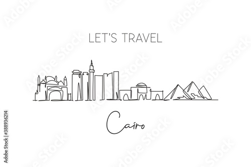Single continuous line drawing of Cairo city skyline, Egypt. Famous city scraper and landscape home wall decor poster print art. World travel concept. Modern one line draw design vector illustration