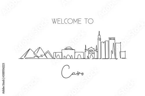 One continuous line drawing of Cairo city skyline, Egypt. Beautiful landmark. World landscape tourism and travel vacation. Editable stylish stroke single line draw design vector graphic illustration