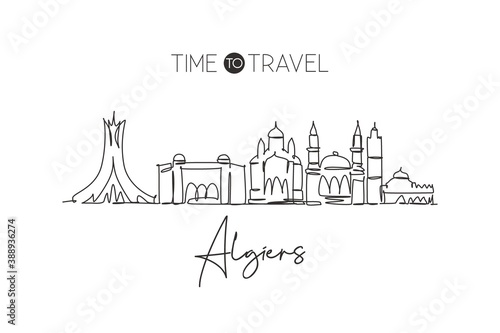 Single continuous line drawing of Algiers city skyline, Algeria. Famous city scraper landscape home wall decor poster print art. World travel concept. Modern one line draw design vector illustration