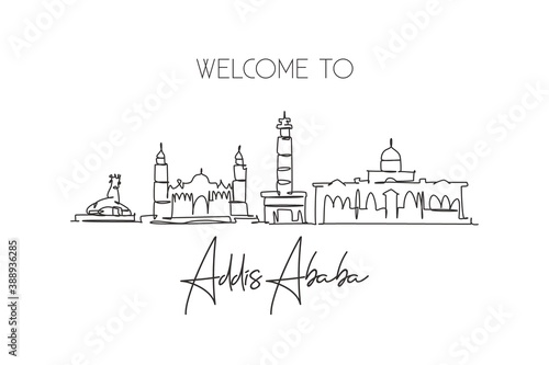 One single line drawing of Addis Ababa city skyline, Ethiopia. Historical town landscape home wall decor poster print. Best holiday destination. Trendy continuous line draw design vector illustration photo