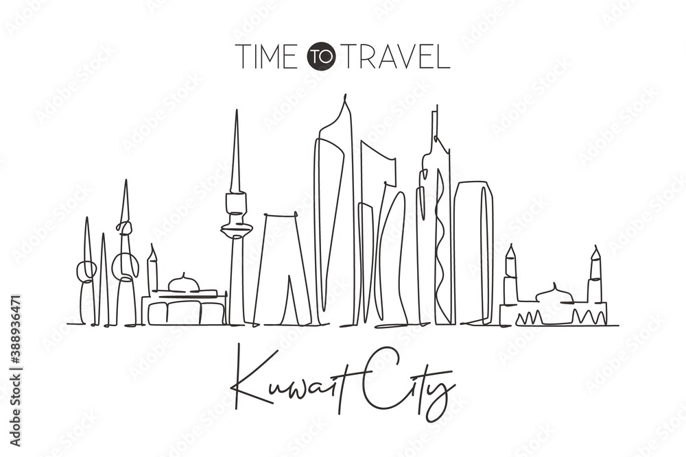 One continuous line drawing of Kuwait City skyline, Kuwait. Beautiful city landmark. World landscape tourism and travel vacation. Editable stylish stroke single line draw design vector illustration