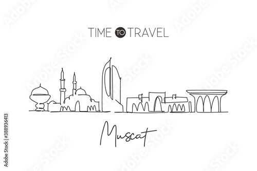 One single line drawing of Muscat city skyline, Oman. Historical town landscape in the world. Best holiday destination. Editable stroke trendy continuous line draw design vector graphic illustration