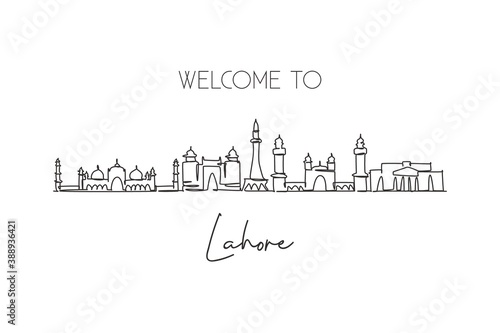 Single continuous line drawing of Lahore city skyline, Pakistan. Famous city scraper landscape home decor wall art poster print. World travel concept. Modern one line draw design vector illustration