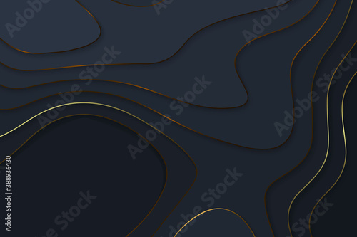 Geometric cut paper black luxury background with gold elements, topography map concept. Vector illustration