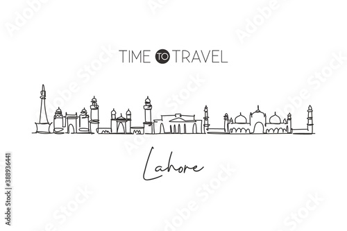 One continuous line drawing of Lahore city skyline, Pakistan. Beautiful city landmark. World landscape tourism and travel vacation. Editable stylish stroke single line draw design vector illustration