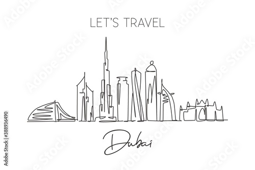 One single line drawing of Dubai city skyline, United Arab Emirates. Historical landscape postcard art. Best holiday destination. Editable stroke trendy continuous line draw design vector illustration