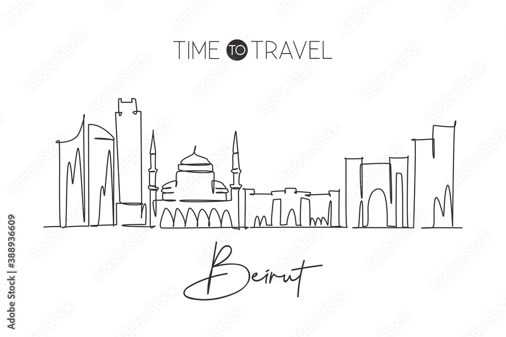 Fototapeta premium One continuous line drawing of Beirut city skyline, Lebanon. Beautiful city landmark. World landscape tourism and travel vacation. Editable stylish stroke single line draw design vector illustration