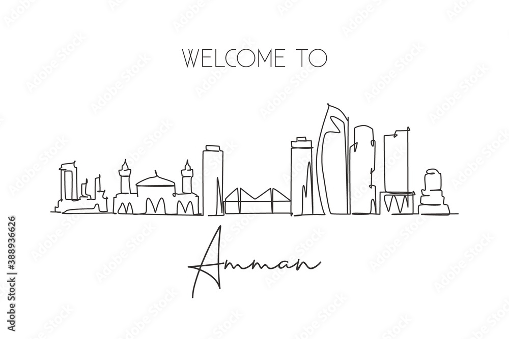 One single line drawing of Amman city skyline, Jordan. Historical town landscape in the world. Best holiday destination. Editable stroke trendy continuous line draw design graphic vector illustration