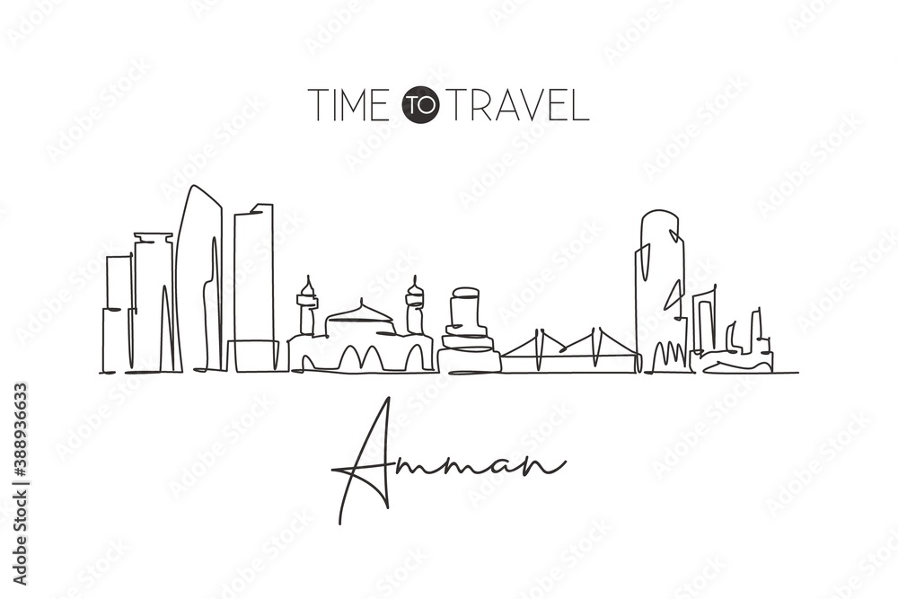 Single continuous line drawing of Amman city skyline, Jordan. Famous city scraper and landscape home decor wall art poster print. World travel concept. Modern one line draw design vector illustration