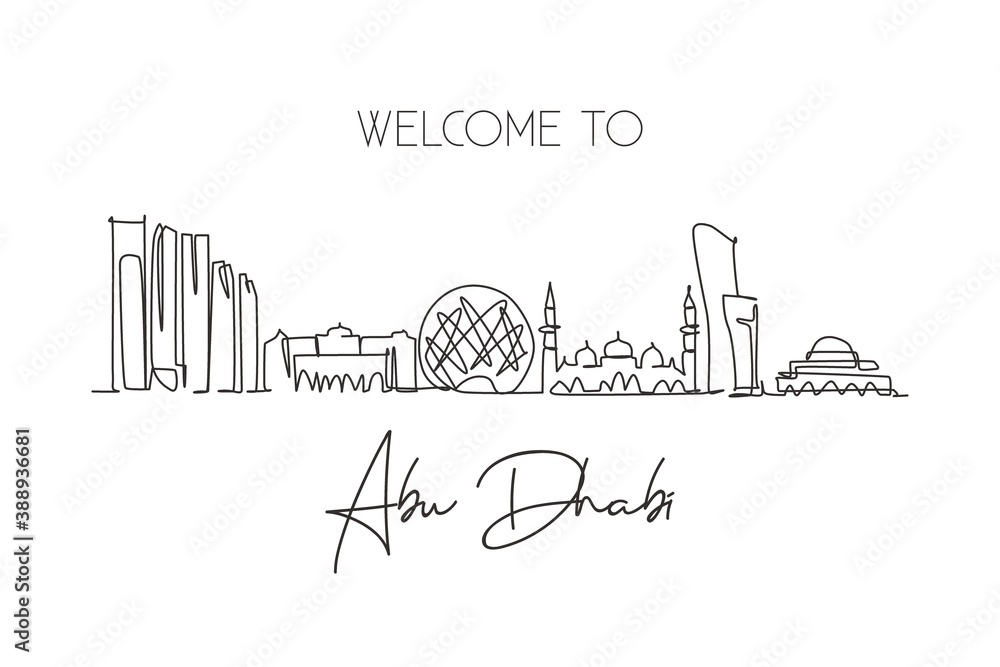 One continuous line drawing of Abu Dhabi city skyline, United Arab Emirates. Beautiful city landmark. World landscape tourism and travel . Editable stroke single line draw design vector illustration
