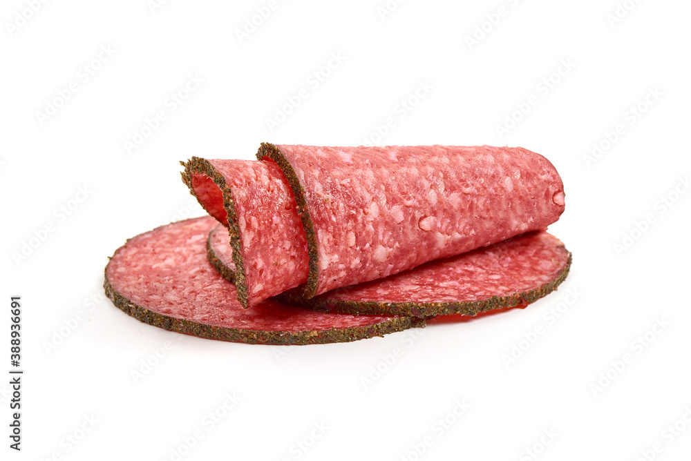 Peppered salami slices, isolated on white background Peppered salami slices, isolated on white background