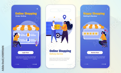 Online shopping with illustration of order online, delivery service and customer review onboard screen concept