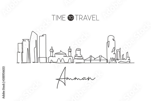 Single continuous line drawing of Amman city skyline  Jordan. Famous city scraper and landscape home decor wall art poster print. World travel concept. Modern one line draw design vector illustration