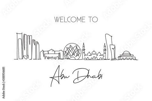 One continuous line drawing of Abu Dhabi city skyline, United Arab Emirates. Beautiful city landmark. World landscape tourism and travel . Editable stroke single line draw design vector illustration