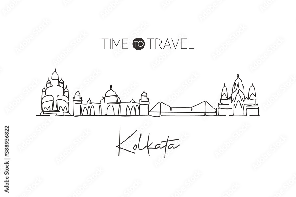Single continuous line drawing of Kolkata city skyline, India. Famous city scraper and landscape home decor wall art poster print. World travel concept. Modern one line draw design vector illustration