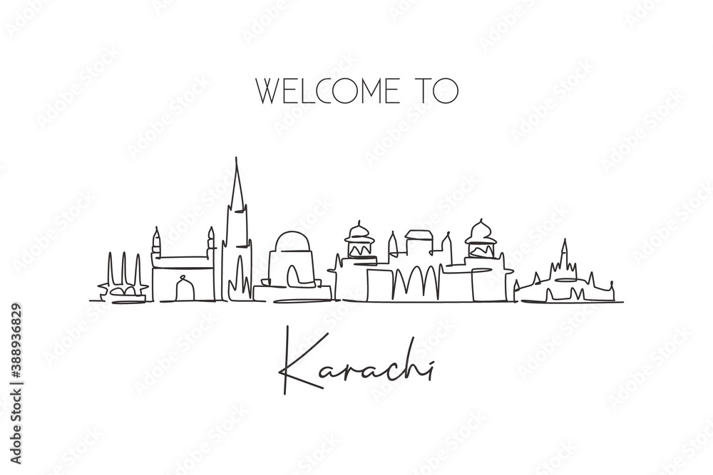 One single line drawing of Karachi city skyline, Pakistan. Historical town landscape in world. Best holiday destination postcard. Editable stroke trendy continuous line draw design vector illustration