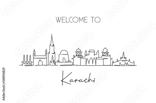 One single line drawing of Karachi city skyline  Pakistan. Historical town landscape in world. Best holiday destination postcard. Editable stroke trendy continuous line draw design vector illustration