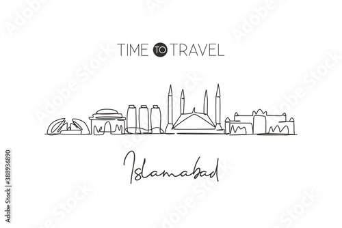One single line drawing of Islamabad city skyline, Pakistan. Historical town landscape home wall decor poster print. Best holiday destination. Trendy continuous line draw design vector illustration