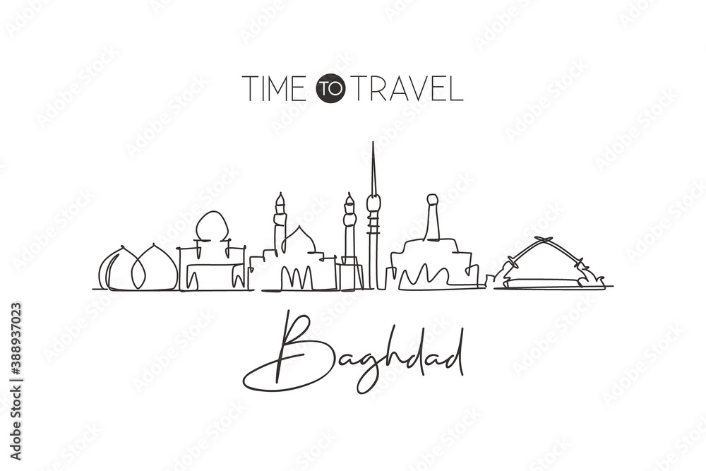 One continuous line drawing of Baghdad city skyline, Iraq. Beautiful city landmark. World landscape tourism and travel vacation. Editable stylish single line draw design vector graphic illustration