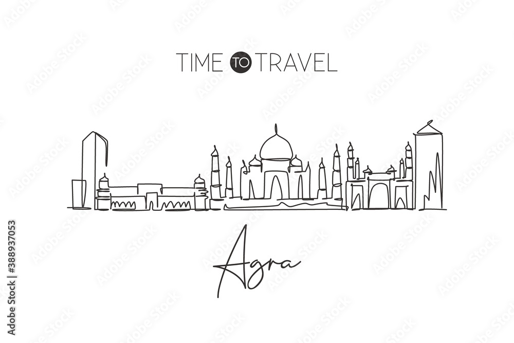 One single line drawing of Agra city skyline, India. Historical town landscape poster print. Best holiday destination. Editable stroke trendy continuous line draw design vector graphic illustration