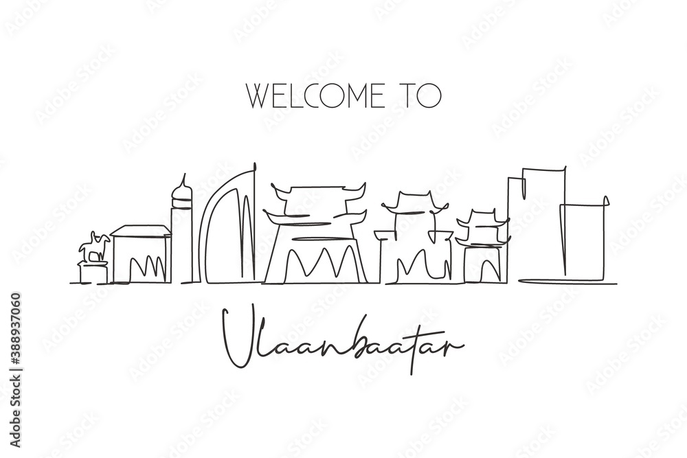 One single line drawing of Ulaanbaatar city skyline, Mongolia. Historical town landscape in the world. Best holiday destination. Editable stroke trendy continuous line draw design vector illustration