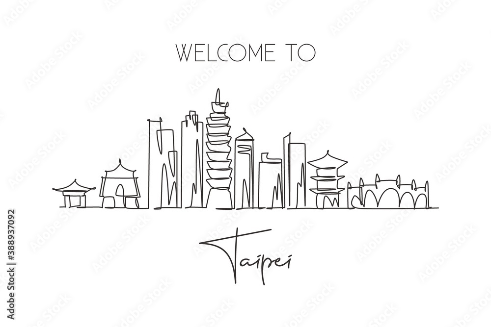 One continuous line drawing of Taipei city skyline, Taiwan. Beautiful landmark. World landscape tourism and travel vacation. Editable stylish stroke single line draw design graphic vector illustration