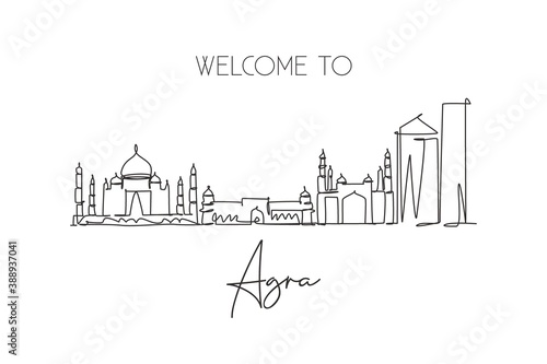 Single continuous line drawing of Agra city skyline  India. Famous city scraper and landscape home wall decor poster print art. World travel concept. Modern one line draw design vector illustration