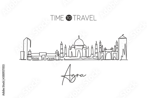 One single line drawing of Agra city skyline  India. Historical town landscape poster print. Best holiday destination. Editable stroke trendy continuous line draw design vector graphic illustration