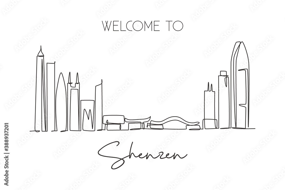 One continuous line drawing Shenzhen city skyline, China. Beautiful landmark. World landscape tourism and travel vacation. Editable stylish stroke single line draw design graphic vector illustration