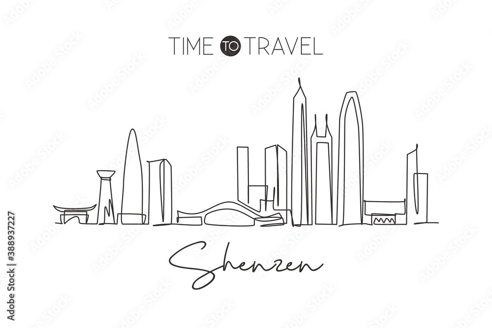 Single continuous line drawing Shenzhen city skyline, China. Famous city scraper and landscape home wall decor art poster print. World travel concept. Modern one line draw design vector illustration