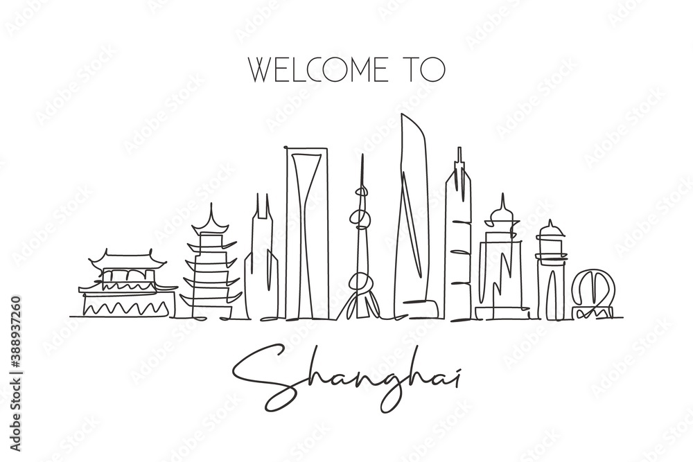 Single continuous line drawing of Shanghai city skyline China. Famous city scraper and landscape home wall decor art poster print. World travel concept. Modern one line draw design vector illustration