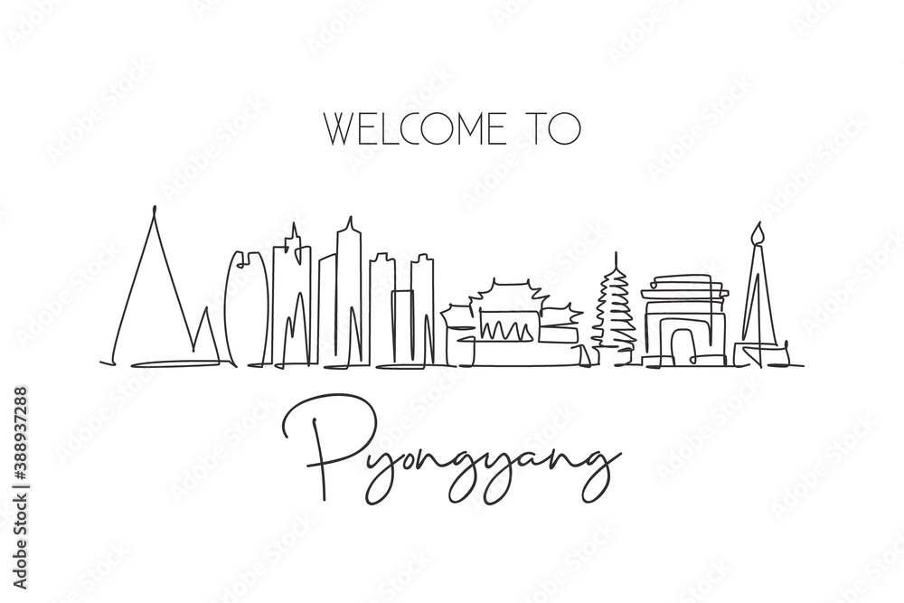 One single line drawing Pyongyang city skyline North Korea. Historical town landscape. Best holiday destination home wall decor art poster print. Trendy continuous line draw design vector illustration