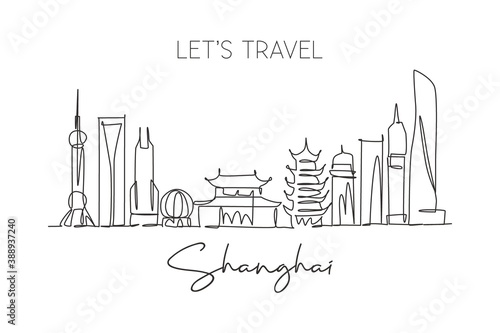 One single line drawing of Shanghai city skyline, China. Historical town landscape in world. Best holiday destination. Editable stroke trendy continuous line draw design vector graphic illustration