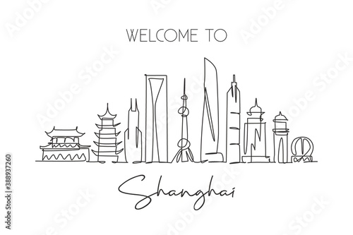 Single continuous line drawing of Shanghai city skyline China. Famous city scraper and landscape home wall decor art poster print. World travel concept. Modern one line draw design vector illustration