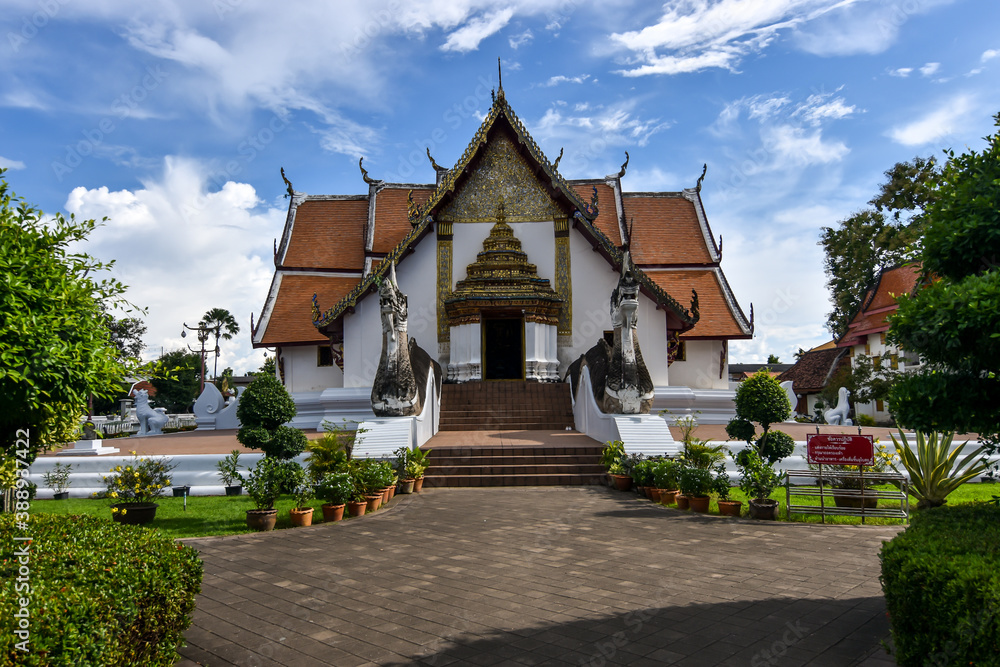Landscape view of the Buddhist sanctuary in Lanna architecture style of Wat Phumin temple in Nan province, Thailand 
