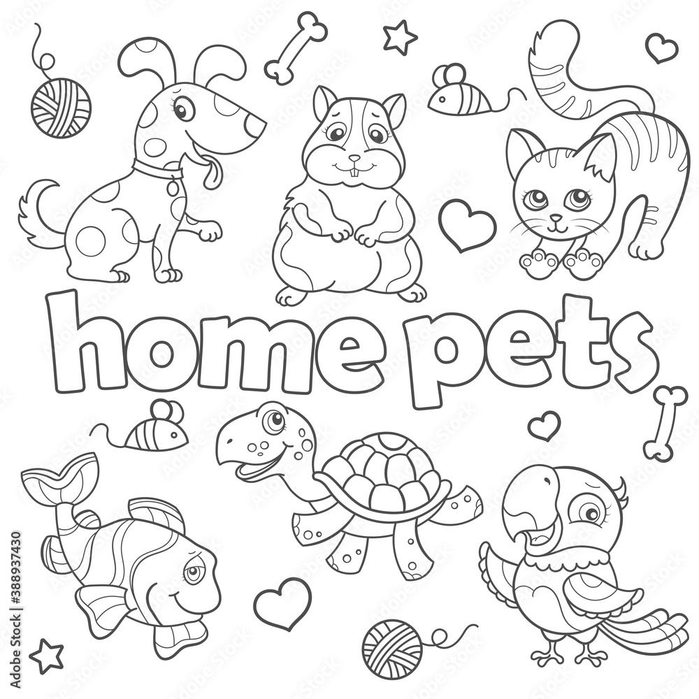 Set of contour illustrations with Pets, dark outlines on a white background, coloring book Set of contour illustrations with Pets, dark outlines on a white background, coloring book