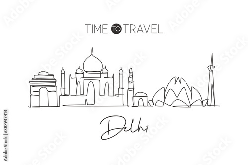 Single continuous line drawing of Delhi skyline, India. Famous city scraper landscape home wall decor art poster print. World travel concept. Modern one line draw graphic design vector illustration