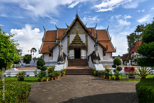 Landscape view of the Buddhist sanctuary in Lanna architecture style of Wat Phumin temple in Nan province, Thailand 