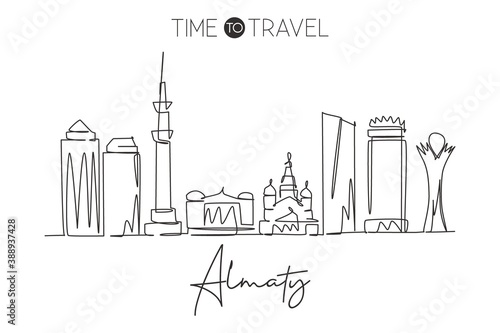 Single continuous line drawing of Almaty skyline, Kazakhstan. Famous city scraper and landscape home wall decor art poster print. World travel concept. Modern one line draw design vector illustration
