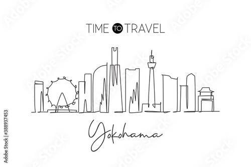 One single line drawing of Yokohama city skyline  Japan. Historical town landscape. Best holiday destination home decor wall poster print art. Trendy continuous line draw design vector illustration