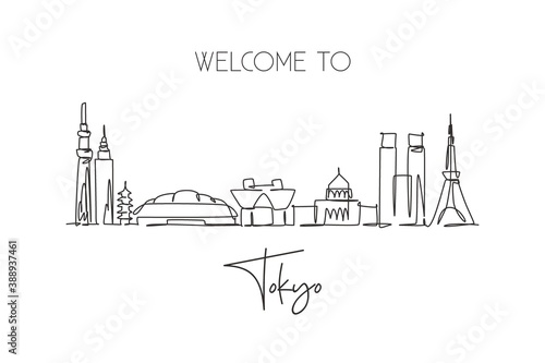 One continuous line drawing of Tokyo city skyline, Japan. Beautiful landmark. World landscape tourism and travel vacation poster. Editable stylish stroke single line draw design vector illustration