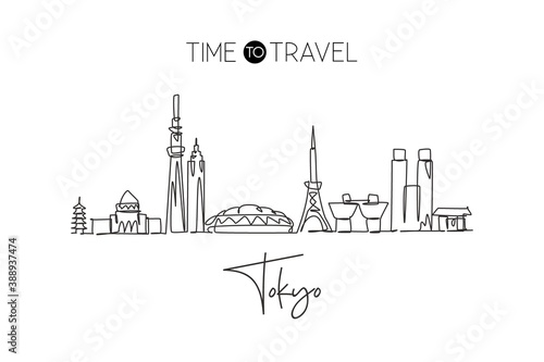 Single continuous line drawing of Tokyo city skyline, Japan. Famous city scraper and landscape. World travel concept home wall decor poster print art. Modern one line draw design vector illustration