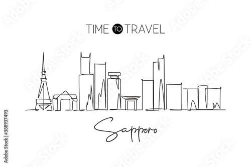 One continuous line drawing of Sapporo city skyline, Japan. Beautiful landmark. World landscape tourism and travel vacation poster. Editable stylish stroke single line draw design vector illustration